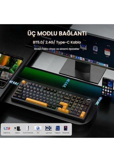 Aula F99 Pro 3 Modlu Rgb Hot Swap Mekanik Star Vector Switch Kablosuz Makrolu Klavye Siyah