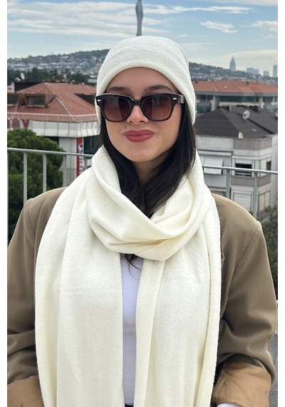 Mollycrush Kadın Kışlık Ekru Atkı Bere Seti Şık Örgü Set Ekru