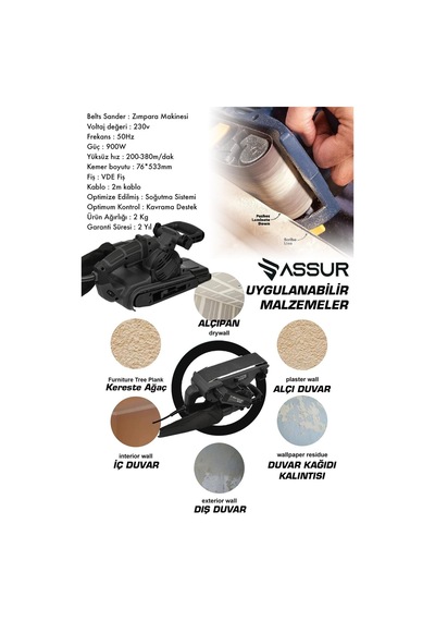 Assur 900W Elektrikli Vakumlu Tozsuz Cila Özellikli Tank Zımpara Makinesi - 1747