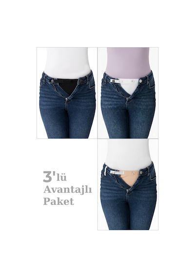 Hamile Pantolon Bel Genişletici - Kadın Pantolon Genişletici, 3'lü Paket Beyaz-siyah-ten