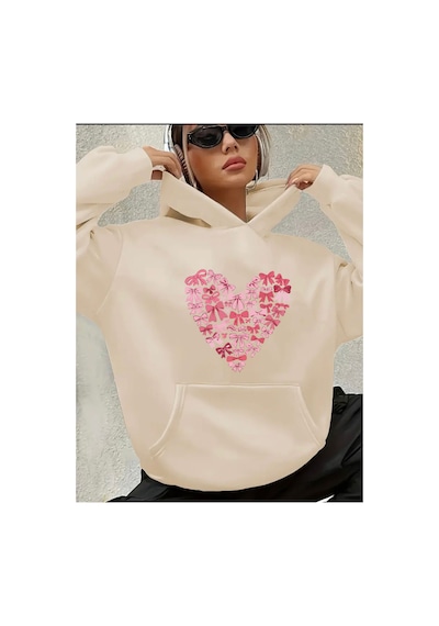 Herkesemoda Kalp Fiyonk Baskılı İçi Polarlı Kapüşonlu Sweatshirt Bej
