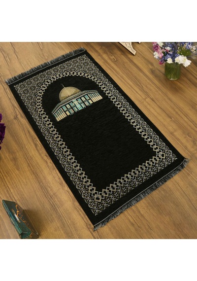 İsme Özel Kubbetüs Sahra Lüks Şönil Seccade Siyah 66x117cm 485gr Çok Renkli