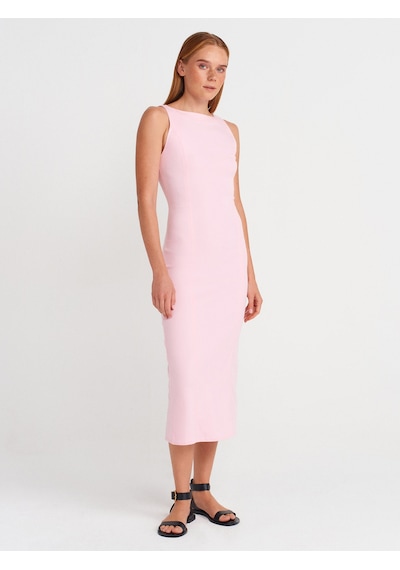 Dilvin 91099 Vücuda Oturan Midi Elbise-toz Pembe Toz Pembe