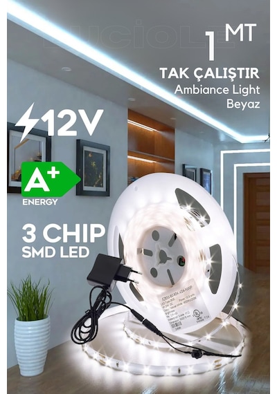 Şerit Led 1 Metre Beyaz 3 Çipli Aydınlatma Mutfak Salon Yatak Odası Led Işık