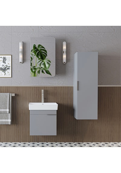 Likya Kapaklı Lavabolu 50 Cm Banyo Alt Dolabı + Üst Dolabı + Banyo Boy Dolabı Kül Gri