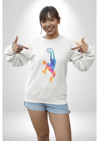 Smaç Basketbol Renkli Unisex Beyaz Baskılı Sweatshirt Beyaz