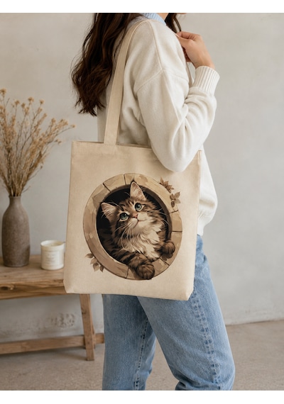 Lunora Collectıon Kedi Baskılı Körüklü Kanvas Bez Çanta Ham Renk