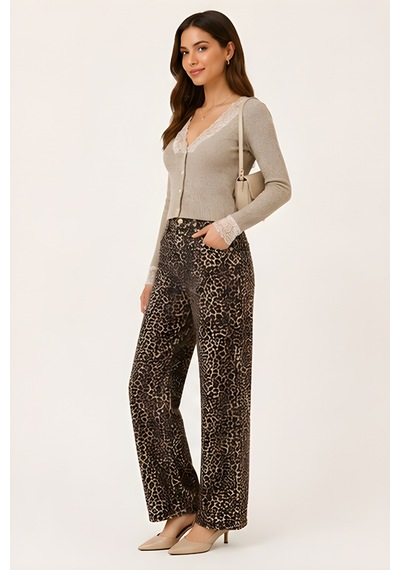Lili Woman Kadın Yüksek Bel Leopar Desenli Wide Leg Pantolon Ty.lpr01 Kahverengi