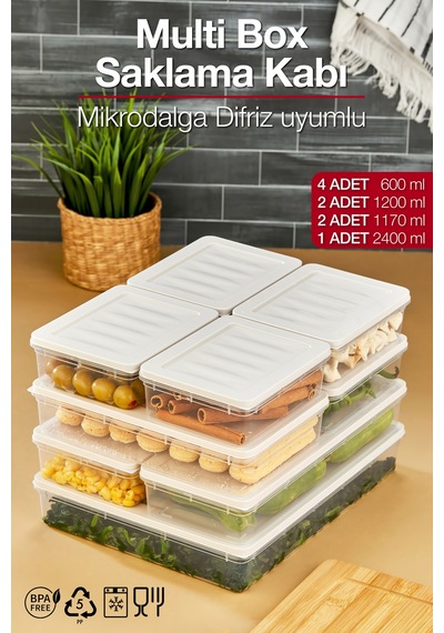 Multi Box 9 Parça 4 Farklı Boy Saklama Kabı Seti - Dondurucu & Mikrodalga Uyumlu Krem