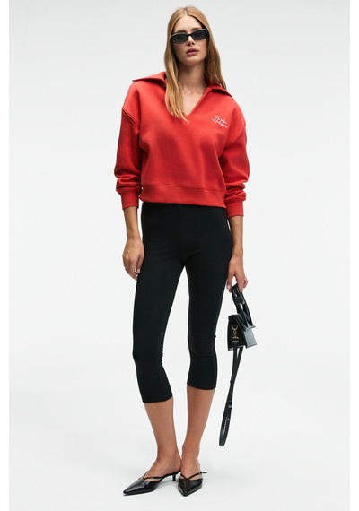 Grımelange HANEL Kadın V Gömlek Yaka Nakış Detaylı Regular Fit Kırmızı Sweatshirt