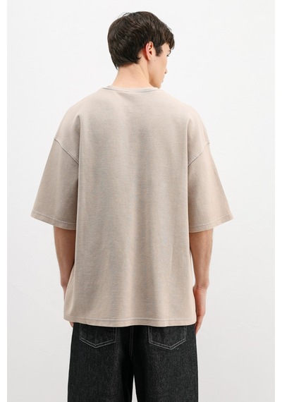 Vamos Oversize Baskılı Tişört V70-148 Bej
