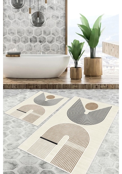 Dijital Baskı Modern Kaymaz Taban 2li Set Banyo Paspası Klozet Takımı 50x60cm-60x100cm Kahverengi