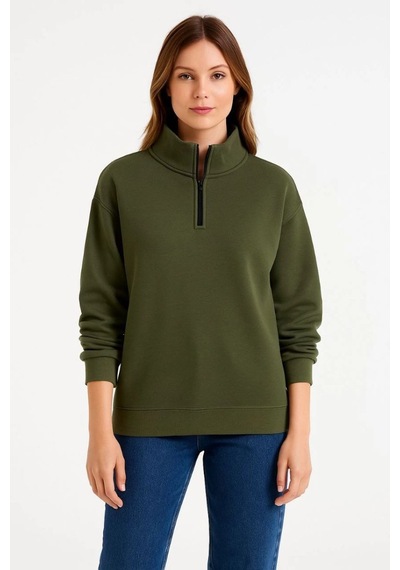Kadın 3 İplik Dık Yaka Yarım Fermuarlı Sweatshirt - Haki