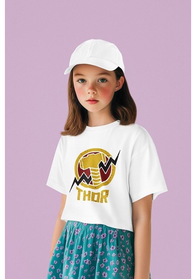 Sevbano Tasarım Thor Çekiç Baskılı Unisex Avengers Çocuk Tişört 1-12 Yaş Beyaz