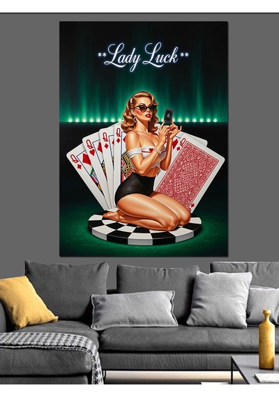 Poker Oynayan Hanımefendi Şansı Dekoratif Kanvas - Mdf Ahşap Tablo