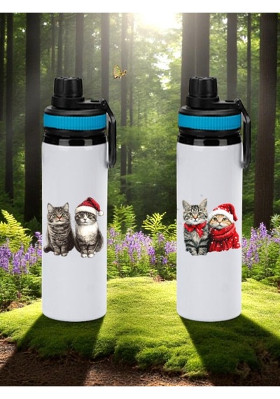 Kediler Baskılı 2'li Mavi Kulplu Matara Suluk 850 Ml Beyaz