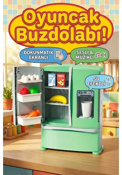Müzikli Sesli Ve Dokunmatik Ekranlı Oyuncak Buzdolabı Seti - 12 Parça Aksesuarlı Evcilik Oyuncakları