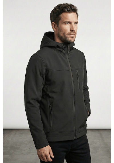 Erkek Mont İçi Polarlı Softshell Mont Su Ve Rüzgar Geçirmez Kapüşonlu Spor Mont Siyah