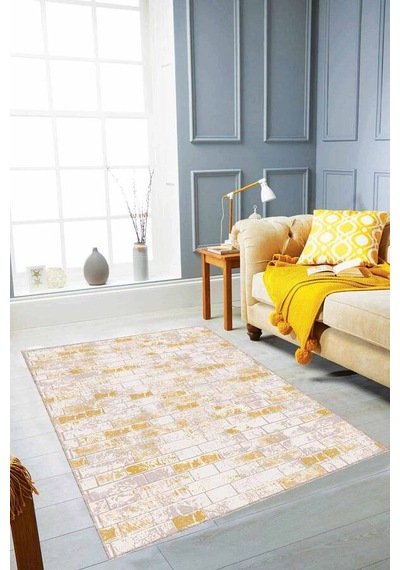 Sarı Taş Desenli Kaymaz Taban Makinede Yıkanabilir Halı Tl04n11