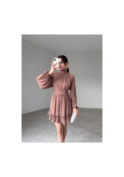 Munora Butik Dik Yakalı Şifon Vizon Elbise Vizon Vizon