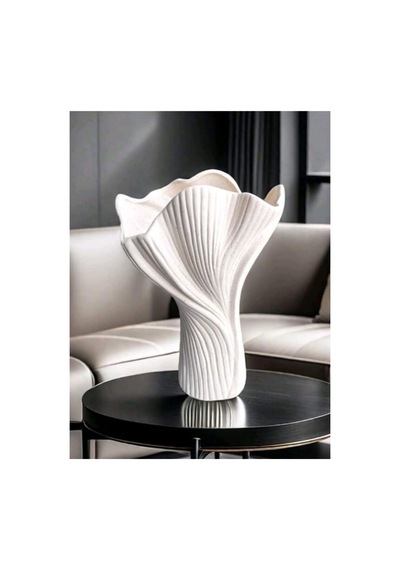 Petal Formlu Dekoratif Vazo Çiçek Yaprağı Tasarımlı Modern Vazo - 25cm Beyaz
