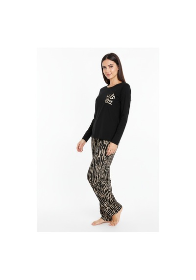 Üstü Yazılı Altı Kahverengi Zebra Desenli Elite Viscose Uzun Pijama Takımı Siyah 3553 Metalik