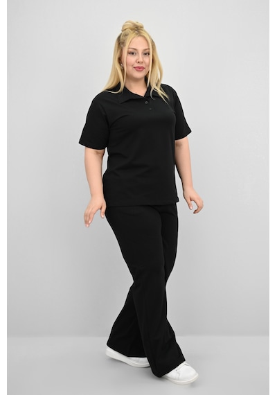 Koza Butik Kadın Büyük Beden Kısa Kollu Polo Yaka Eşofman Takımı 8188-25 Siyah