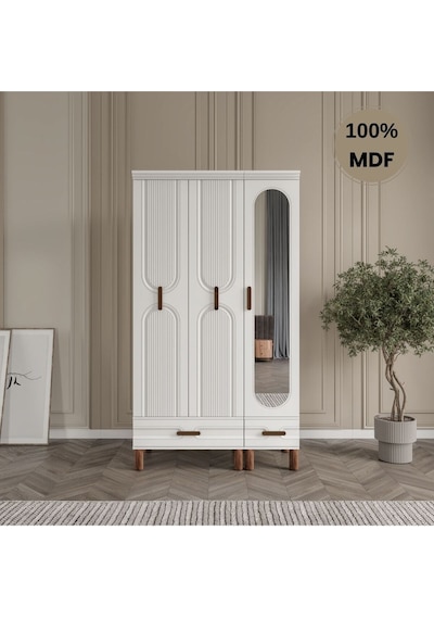 Zen 3 Kapak Ayaklı Tasarım Country Mdf Gardırop Beyaz