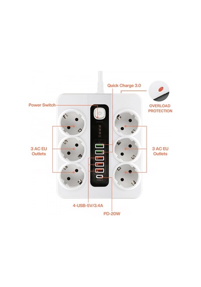 H-04 Termal Akım Korumalı 3000w 10 Amper 6'lı Priz 2 Metre Uzatma