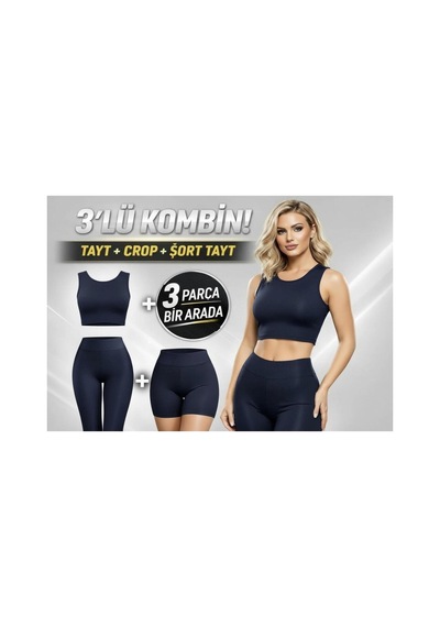 Öners Premium 3 Parça Spor Takım - Dalgıç Kumaş Yüksek Bel Tayt-biker Şort-crop Lacivert Lacivert