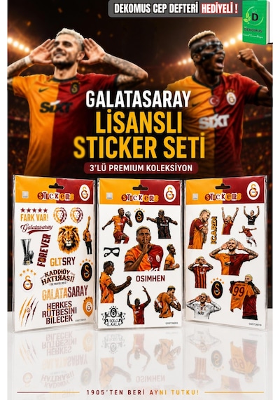Lisanslı Galatasaray 3'lü Sticker Seti "mauro Icardi,victor Osimhen Ve Fark Var" Altın
