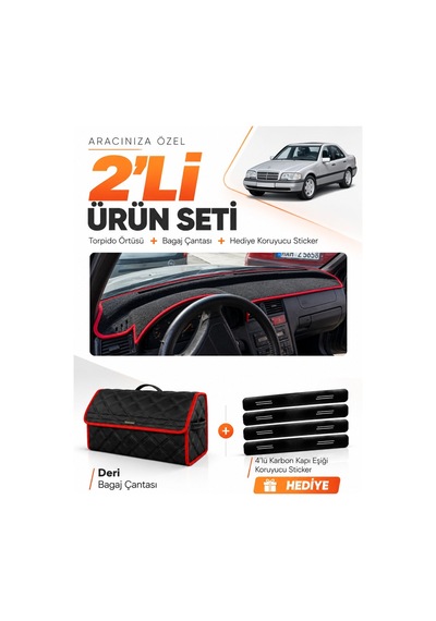 Mercedes W202 C-class 1993-2000 Uyumlu Torpido Örtüsü + Deri Çanta + Sticker - Siyah Kırmızı