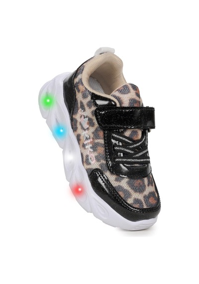 Kiko Kids Teno Leopar Desenli Cırtlı Işıklı Kız Bebek Spor Ayakkabı Siyah