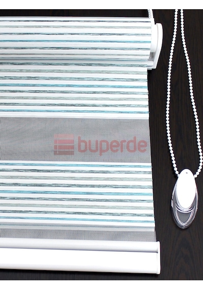 Buperde Turkuaz Beyaz Renkli Pilise Pliseli Zebra Stor Perde