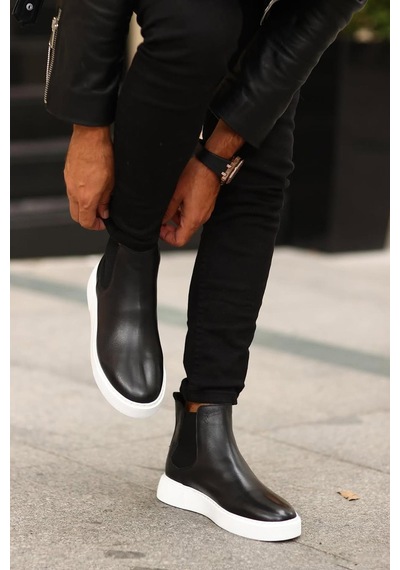Shoetyle - Siyah Hakiki Deri Erkek Chelsea Bot - Beyaz Taban - 250-041 -1164 Siyah