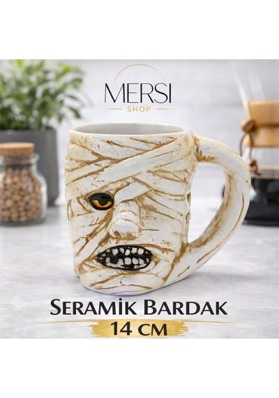 Antik Mısır Mumya Figürlü 3d Kabartmalı Seramik Kupa Bardak Dekoratif Kahve Çay Kupası Beyaz