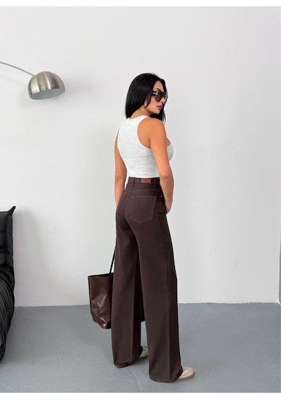 Kadın Kahverengi Wide-leg Jean Yüksek Bel Geniş Paça Kot Pantolon Kahverengi