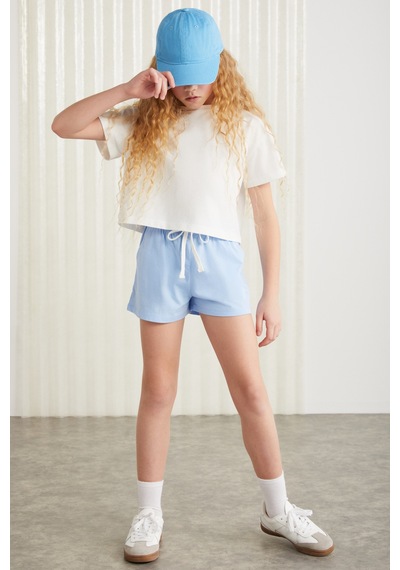 Grimelange Suzanne-grm24048 100% Pamuk Kız Çocuk Şort Tshirt Set Mavi Alt-üst Takım