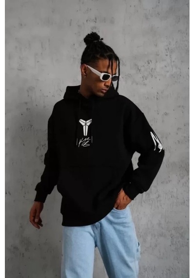Vexor Unisex Sırt Baskılı Kapüşonlu Üç İplik Oversize Sweatshirt - Siyah