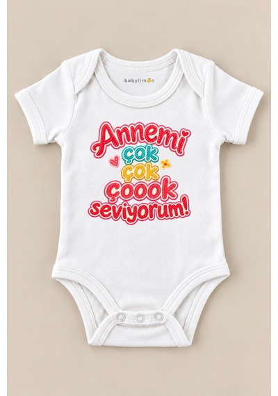 Babylimon Çok Çok Çoook Seviyorum Beyaz Kısa Kollu Çıtçıtlı Bebek Zıbını Beyaz - 930083932 Beyaz