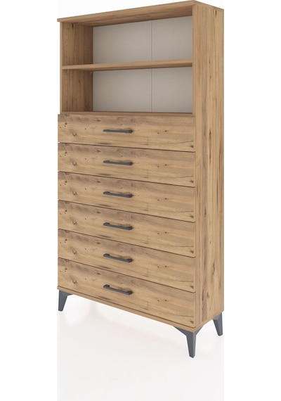 Arges Dolap 2 Raflı 6 Çekmeceli 88x30x163 Çam-çam Çam