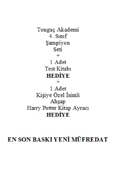 Tonguç Akademi 4. Sınıf Şampiyon Seti En Son Baskı Yeni + Test Kitabı Hediye + Kişiye Özel İsimli Ahşap Harry Potter Kitap Ayracı Hediye