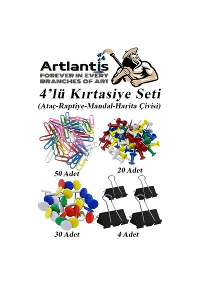 4 Lü Kırtasiye Seti Mandal Raptiye Ataç Harita Çivisi 1 Paket Metal Kıskaç Klips Okul Ofis Büro Seti
