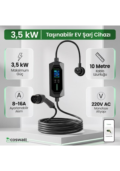 Coswatt Taşınabilir EV Şarj Cihazı CS-P1-16A / 3.5kW / 10m / Türkçe / 220V AC / Tip-2 / 2x16A Ev Tipi Fiş / Çanta
