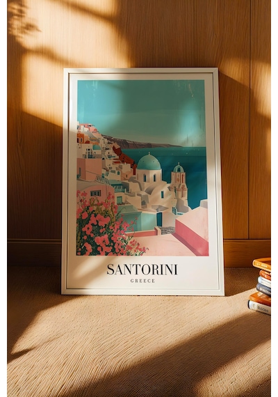 Santorini Greece Vintage Seyahat Posteri Çerçeveli Tablo - Premium Ege Denizi Elit Duvar Dekoru Beyaz