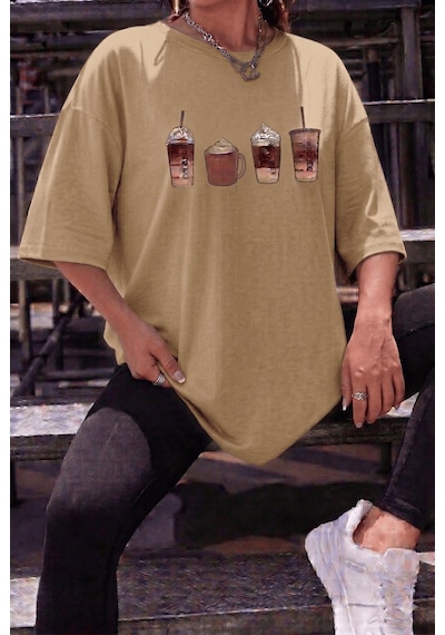 Coffee Lover Baskılı Unisex Oversize T-shirt - Büyük Beden Seçenekli Taş Rengi