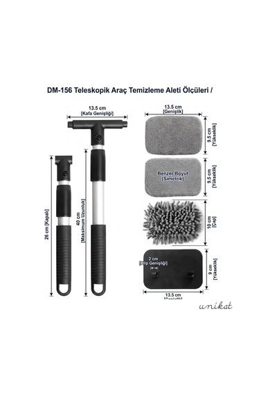 180 Döner Başlıklı Teleskopik Araç Cam Ve Torpido Temizleme Aparatı 3 Farklı Mikrofiber Bezli