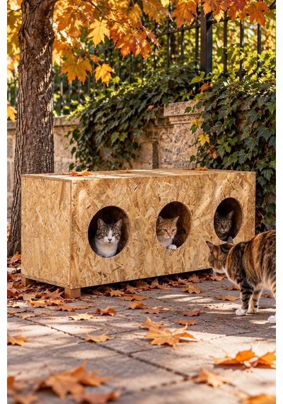 Reyo 3 Bölmeli Kedi Evi, 93x41x39 cm Ahşap Kedi Barınağı, Suya ve Rüzgara Dayanıklı OSB Sokak Kedileri İçin Kedi Yuvası Cat11