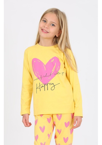 Kız Çocuk Uzun Kollu %100 Pamuklu Pijama Takımı Happy Heart Sarı Sarı