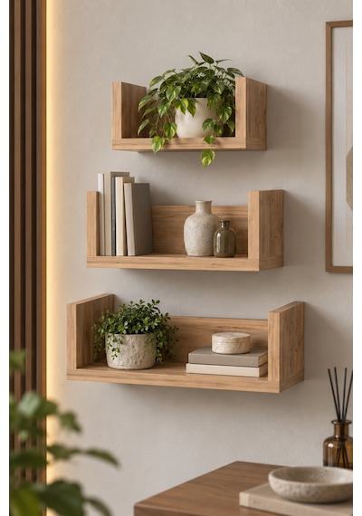 Sulorahome Ceviz Desenli U Tipi Duvar Rafı 43 Cm
